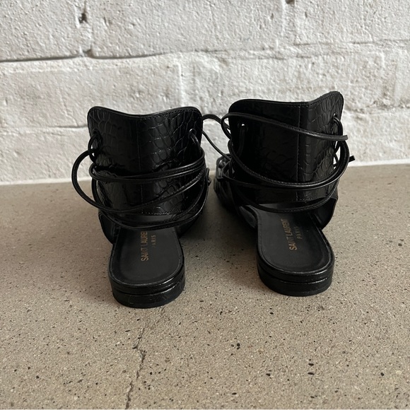 Saint Laurent Croc Embossed Lace Up Flat Sandal in Black - Picture 9 of 9